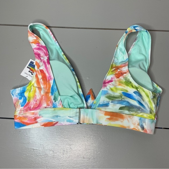 NWT Time and Tru Size L Bikini TOP ONLY White Multicolor Plunge Front Tie. - Picture 5 of 7